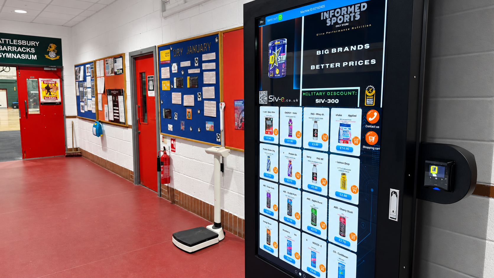 SIV touchscreen showing product choices and nutrition products in a gym corridor.