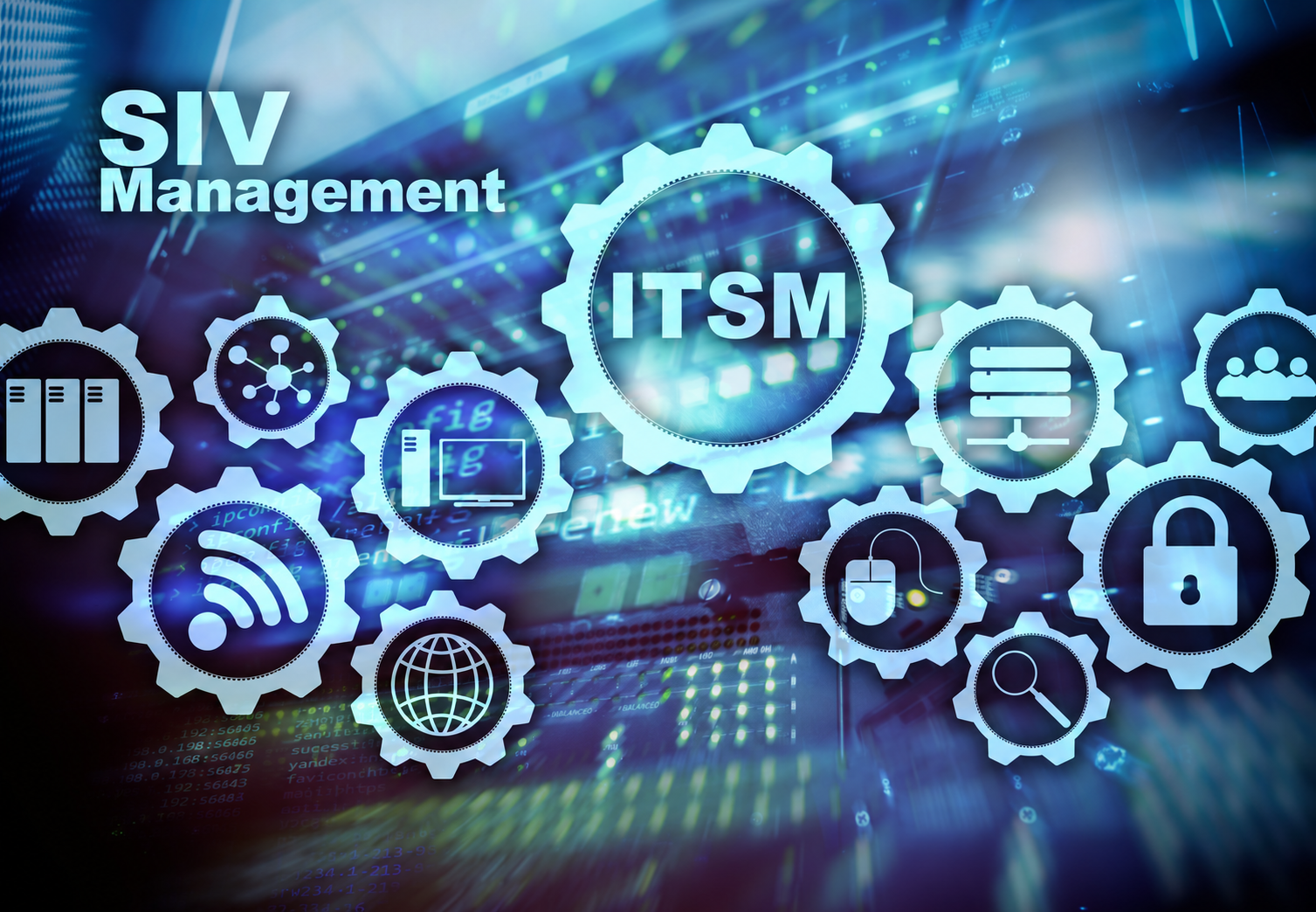 SIV Management graphic with connected technology, service and security symbols.